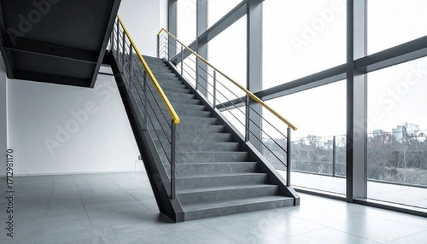 Fototapeta Modern staircase with concrete steps, black railings, and yellow handrails in sunlit architectural space.