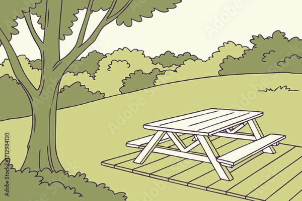Fototapeta an empty white picnic table sits on a wooden deck in a sunny park with trees and green grass