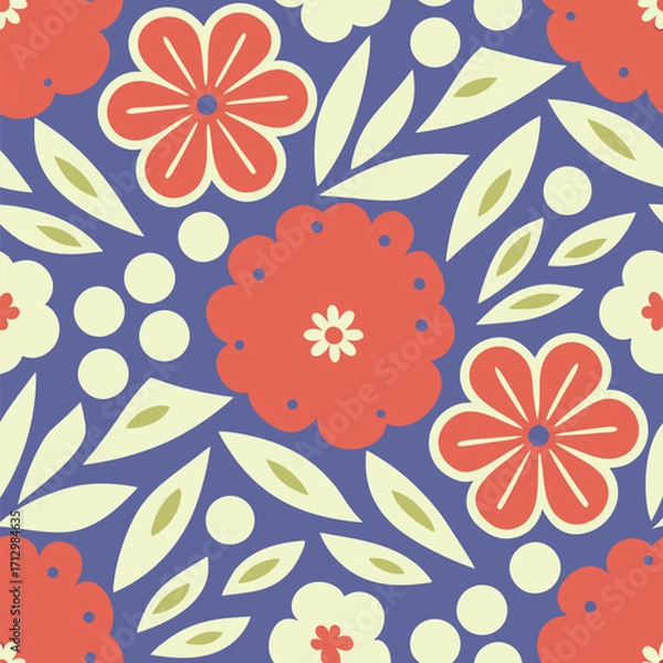 Fototapeta Vibrant floral pattern with red flowers and blue background.A repeating pattern featuring stylized red flowers.