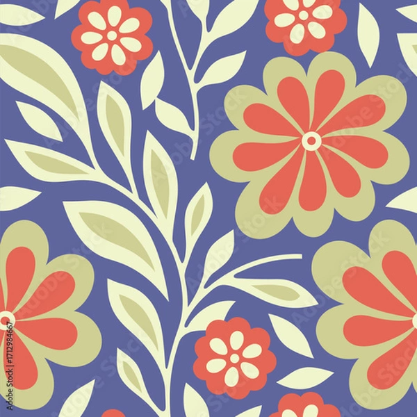 Fototapeta Charming retro floral pattern with orange flowers and cream leaves on purple.A seamless repeating pattern.