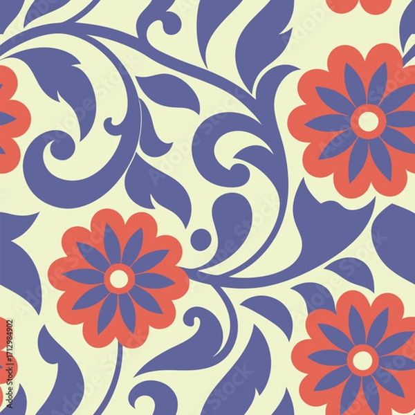 Fototapeta Vibrant floral pattern with red flowers and blue background.A repeating pattern featuring stylized red flowers.