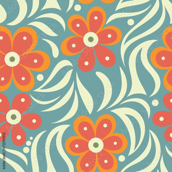 Fototapeta Retro floral pattern with coral flowers and teal leaves on cream background.