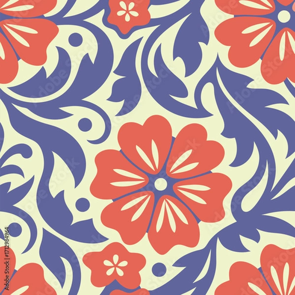 Fototapeta Vibrant floral pattern with red flowers and blue background.A repeating pattern featuring stylized red flowers.