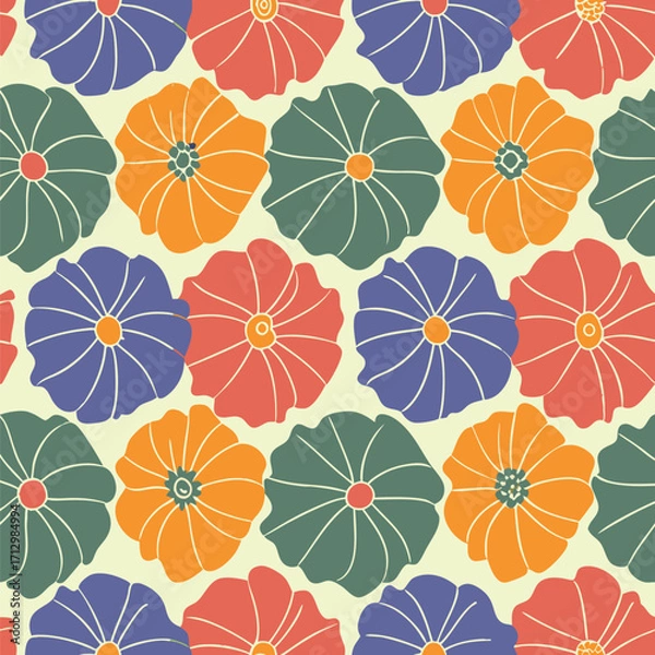 Fototapeta A seamless repeating pattern of stylized chrysanthemum flowers in coral, teal, and orange hues on a pale yellow background.