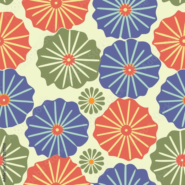 Fototapeta A seamless repeating pattern of stylized chrysanthemum flowers in coral, teal, and orange hues on a pale yellow background.