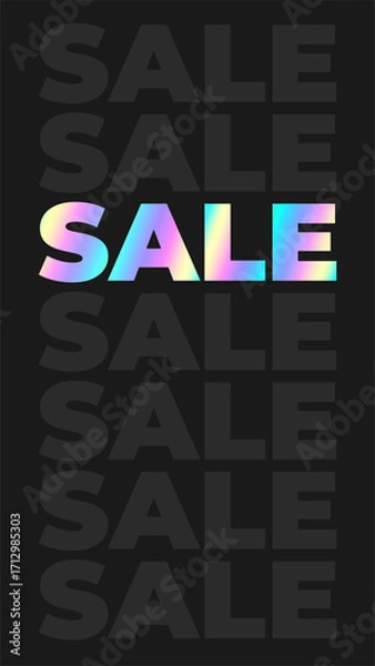 Fototapeta Vertical banner with the word sale, holographic rainbow inscription on black background. Empty template for wallpaper, story, phone screen. Vector illustration EPS10
