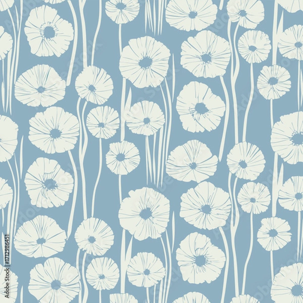 Fototapeta Delicate white flower pattern on a soft blue textured background.A seamless repeating pattern of stylized white flowers.