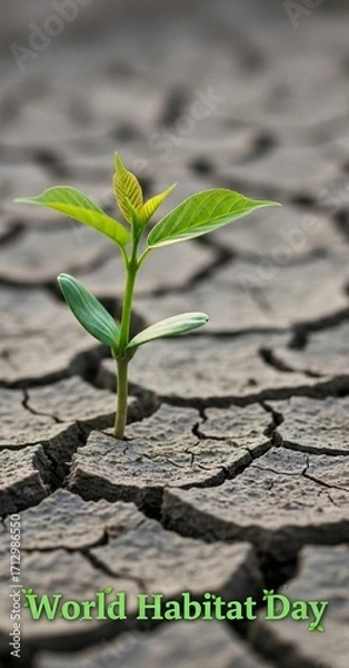 Fototapeta World Habitat Day concept with a small seedling growing from dry, cracked soil for environmental and renewal themes