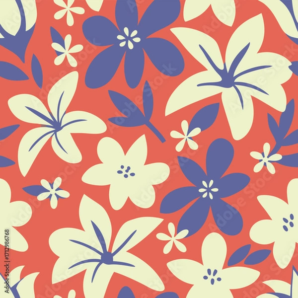 Fototapeta Vibrant retro floral pattern with cream blue and orange hues.A seamless, repeating pattern featuring stylized flowers and leaves.
