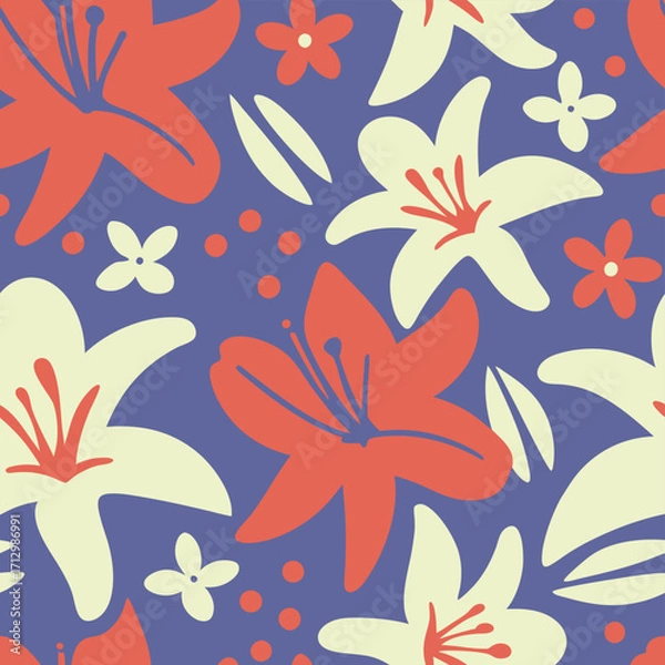 Fototapeta Vibrant retro floral pattern with cream blue and orange hues.A seamless, repeating pattern featuring stylized flowers and leaves.