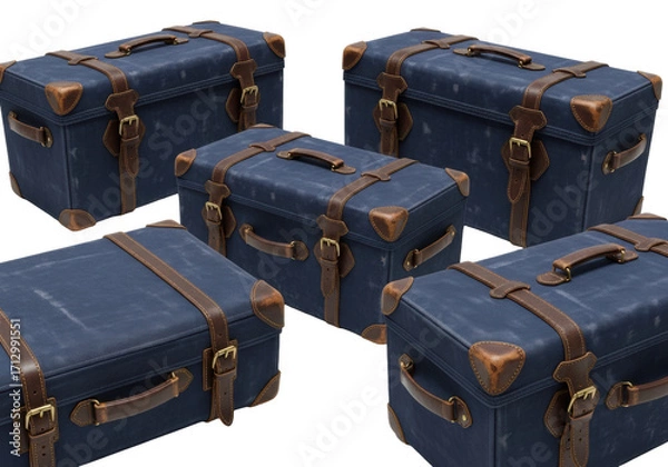 Fototapeta Five distinct, deep indigo canvas trunks, well-traveled with aged leather straps & antique brass buckles, on transparent studio background, concept of vintage travel.
