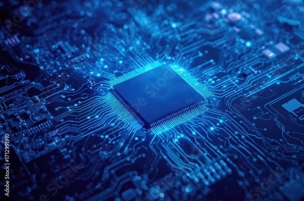 Fototapeta Technology background featuring blue data and circuit patterns