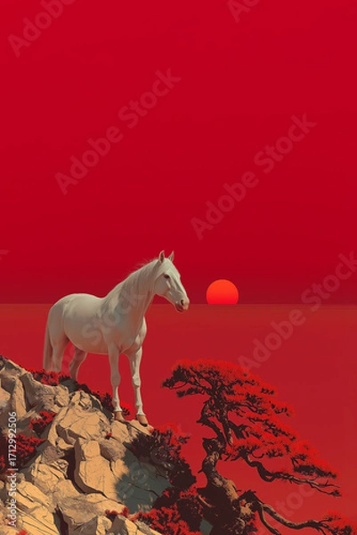 Fototapeta 白馬と日の出のおめでたい情景