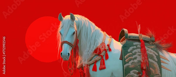 Fototapeta 白馬と日の出のおめでたい情景