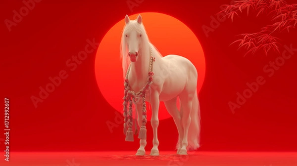 Fototapeta 白馬と日の出のおめでたい情景
