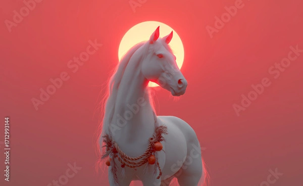 Fototapeta 白馬と日の出のおめでたい情景