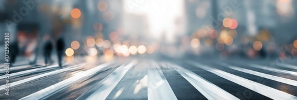 Fototapeta Abstract blurred crosswalk with pedestrians and traffic lights for website banners, urban planning presentations, and editorial blog headers, 3:1 ratio, cool tones, with wide copy space on right