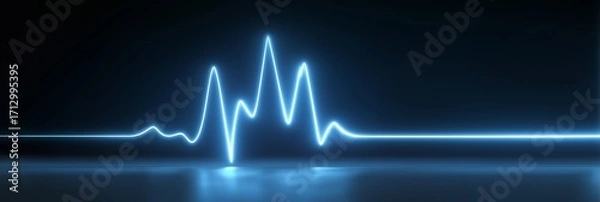 Fototapeta Glowing heartbeat ECG line on dark background for medical infographics, digital health dashboards, and hospital websites, blue neon style, 3:1 layout, minimal design, with wide copy space above