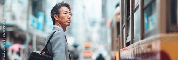 Fototapeta Middle-aged Japanese businessman waiting at tram stop for corporate mobility articles, business travel editorials, and urban commuting visuals, photorealistic scene, natural daylight, 3:1 crop 