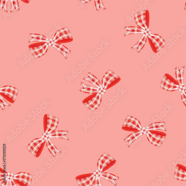 Fototapeta Checkered  bow seamless pattern. Jagged white lines on red ribbon. Decorative cartoon objects on pink background. Print on fabric and paper. Vector design for textile. Endless wallpaper, backdrop.
