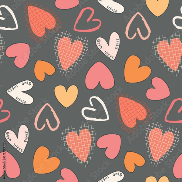 Fototapeta Heart shapes seamless pattern. Cartoon objects with checkered texture, jagged lines, lettering Good Vibes. Abstract vector background for printing on fabric and paper. Pink, yellow, red colors on grey