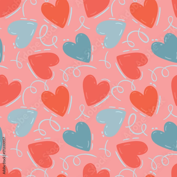 Fototapeta Hearts with abstract shapes seamless pattern. Romantic background or texture for printing on fabric and paper. Red, blue colors on pink. Cartoon objects and curled lines. Vector design. 