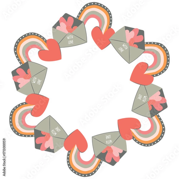 Fototapeta Valentine frame with rainbow, hearts and envelope. Round shape border with cartoon objects. Pink, red, yellow and grey colors on white background. Romantic composition and hand lettering with Love.