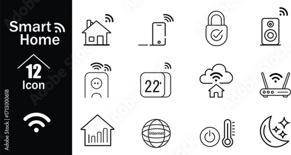 Obraz Smart Home Line Icons Set – Internet, Security, Automation, and Wireless Technology