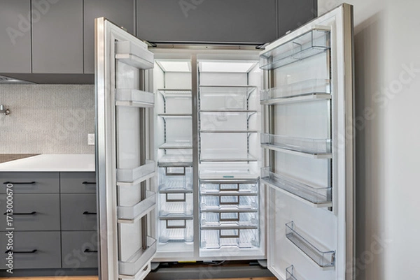 Fototapeta The refrigerator is open and has a lot of shelves