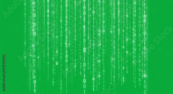 Fototapeta Dynamic digital rain of white binary code cascades on vibrant green background