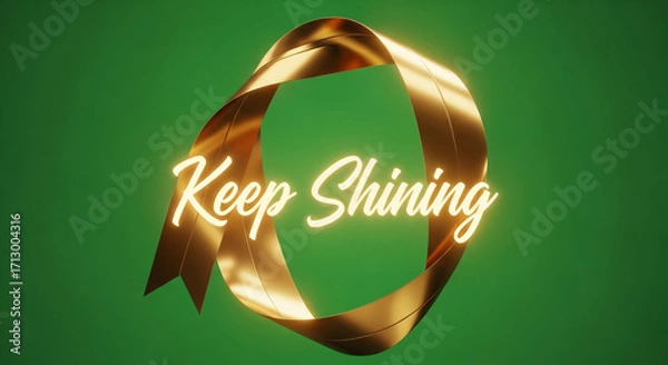Fototapeta Inspiring golden ribbon with 'Keep Shining' text promotes positivity and success in a vibrant green setting