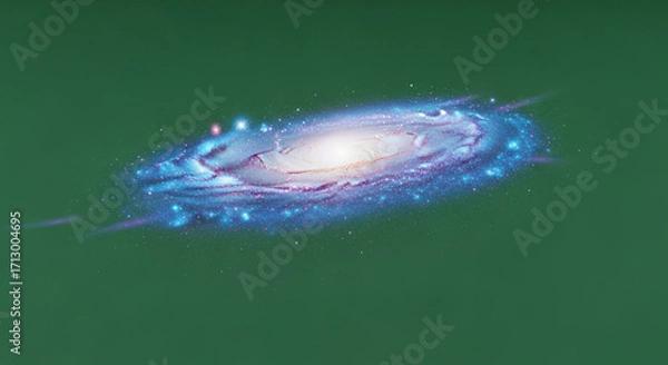 Fototapeta Stunning spiral galaxy with vibrant nebulae and distant stars against a deep green backdrop