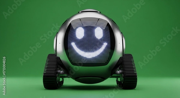 Fototapeta Friendly futuristic robot with happy smiley face display on tracks, ready for service