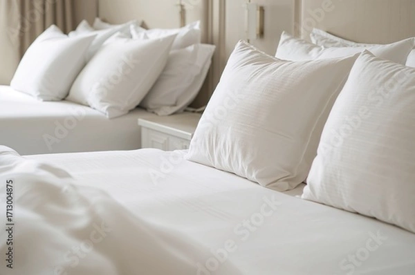 Fototapeta Spotless White Bedding and Pillows Elegantly Set Up in a Guest Room