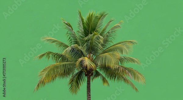 Fototapeta Lush green coconut palm tree isolated on a vibrant solid green background for tropical designs