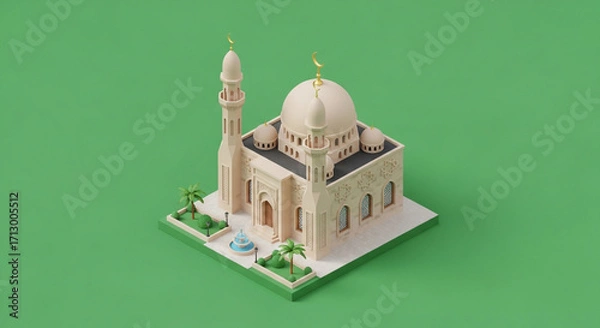 Fototapeta Serene isometric mosque design with elegant architecture and lush green surroundings