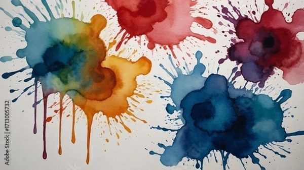 Fototapeta Vibrant watercolor splashes in red, orange, and blue, creating an abstract artistic backdrop.