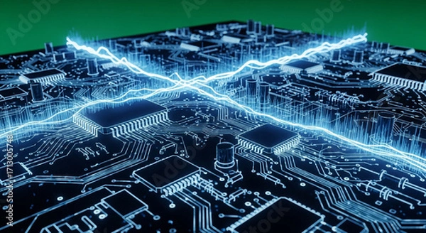 Fototapeta Dynamic digital circuit board with glowing blue energy pulses, representing innovation and technology