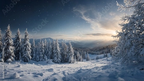 Fototapeta Stunning winter landscape with snow-covered trees and a serene sunset sky in the background.