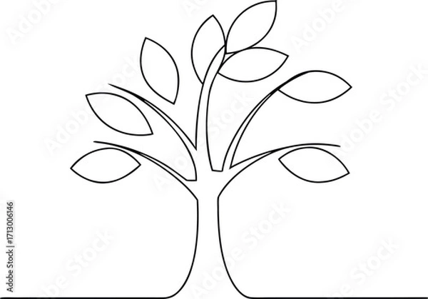 Fototapeta Simple continous line art outline drawing a stylized tree with leaves