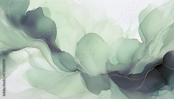 Fototapeta Elegant watercolor illustration featuring sage green and gray tones with flowing organic shapes, evoking a sense of tranquility and calmness suitable for modern decor