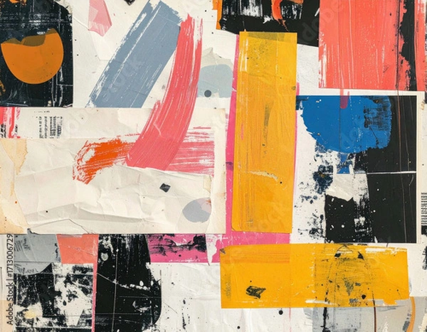 Fototapeta Brightly colored abstract collage with layers of paint, paper textures, and bold shapes creates an energetic visual composition in a modern art style