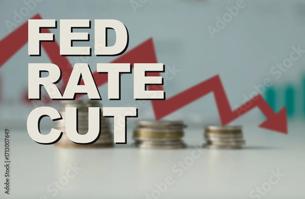 Fototapeta A newspaper clipping on a news headline titled 'Fed rate cut' on top of a downward falling graph, macro closeup view