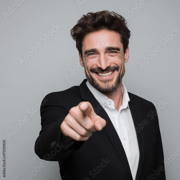 Fototapeta Full body portrait of confident handsome businessman in elegant black suit with white shirt, standing against light grey background pointing finger with friendly smile