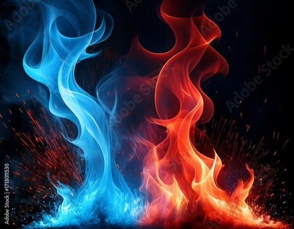 Obraz abstract blue and red fire contrast on black background with flames and sparks