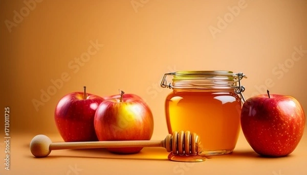 Obraz closeup of tasty apples honey jar and dipper on a tan backdrop room for text