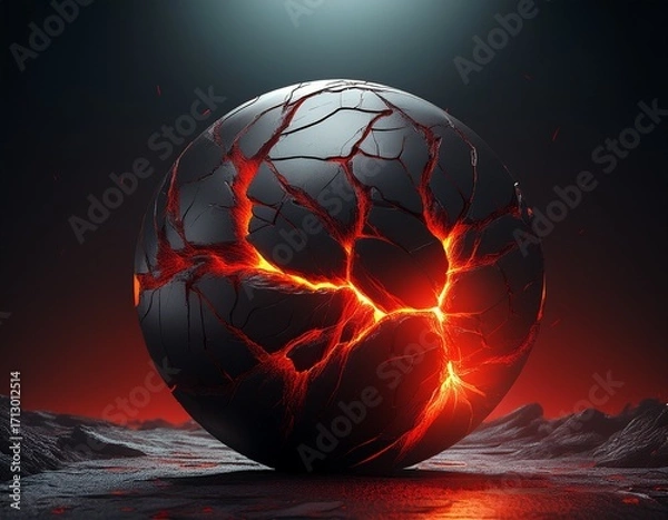 Obraz a lone red crack on a black sphere illuminated by a fiery glow in a dark void
