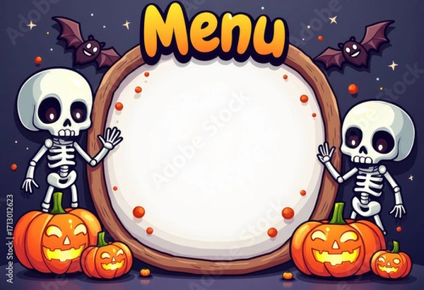 Fototapeta Cartoon halloween mockup with empty space for text and the word menu in a spooky comic font, surrounded by funny skeletons, bats and jack-o-laterns in a bright kidfriendly illustration