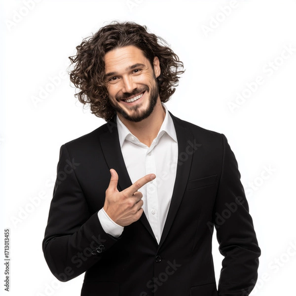 Fototapeta Confident male executive in black tailored suit and white shirt, standing against plain background, pointing finger gesture with friendly expression, studio portrait
