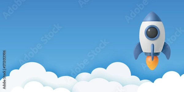 Fototapeta Vector 3d Red and White Rocket Icon, Startup Launch Concept. Blue and White Spaceship, Vector Illustration. Modern Business Logo, Flying Spacecraft Symbol. Missile Design for Growth, Innovation